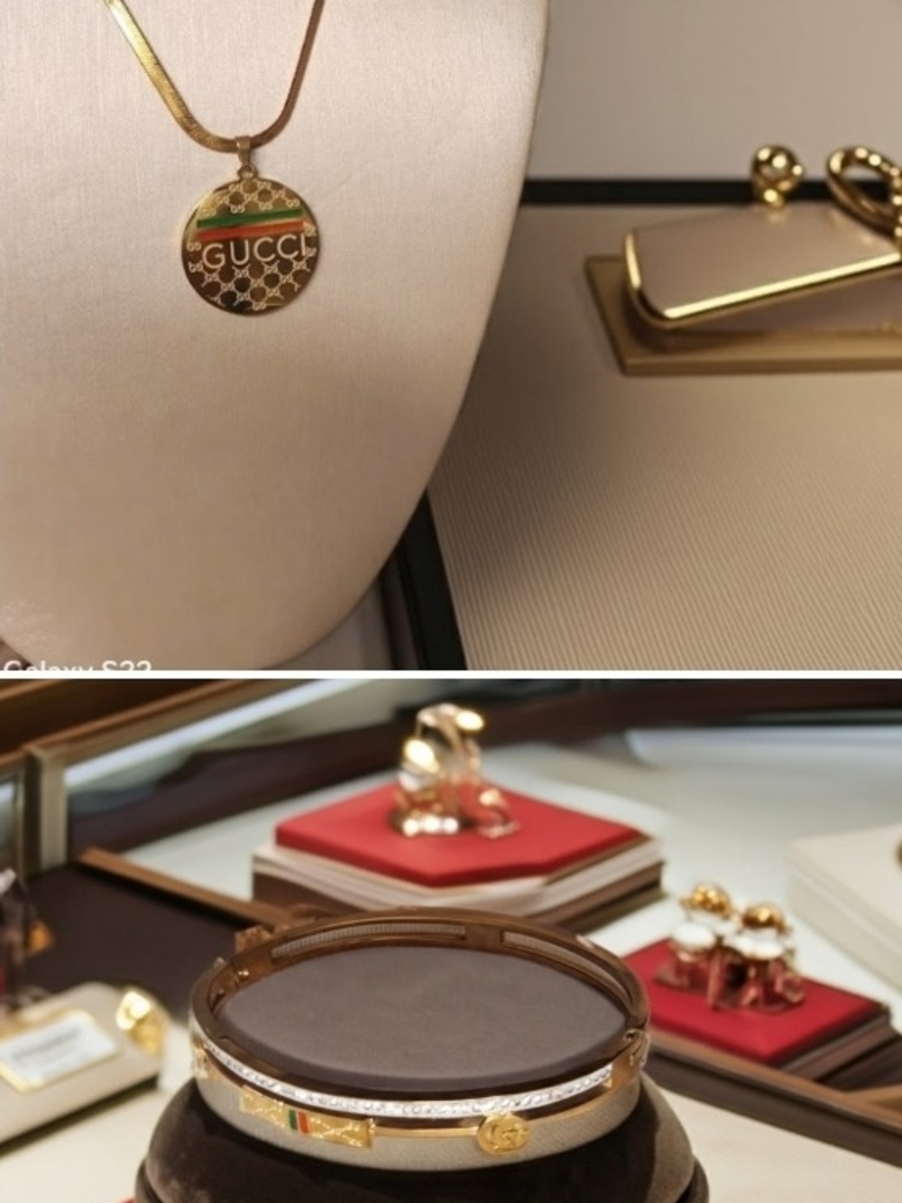 Gucci Gold-Tone exaggerated Pendant Necklace and Enamel Accent Bangle